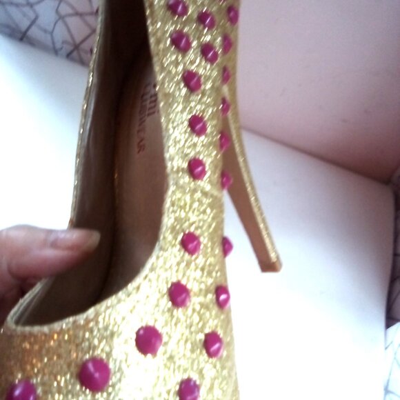 "Ami Clubwear" Size 6.5 Stripper Platform Pumps Heels Gold Sparkle, Pink Bubbles - Picture 6 of 15